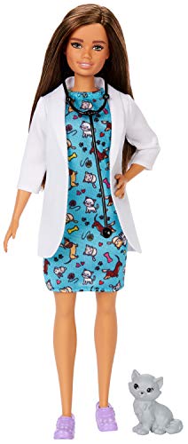 Barbie Ambulancia Hospital 2 En 1, Accesorios De Muñecas (Mattel Frm19) + Quiero Ser Muñeca Veterinaria Morena con Bata Médica, Y Gatito como Paciente (Mattel Gjl63)