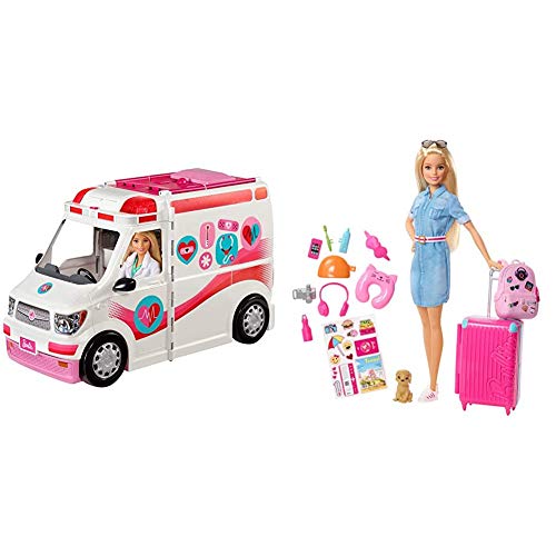 Barbie Ambulancia Hospital 2 en 1, Accesorios de muñecas (Mattel FRM19) + Vamos de Viaje, muñeca con Accesorios, Edad Recomendada: 3 años y mas (Mattel FWV25)