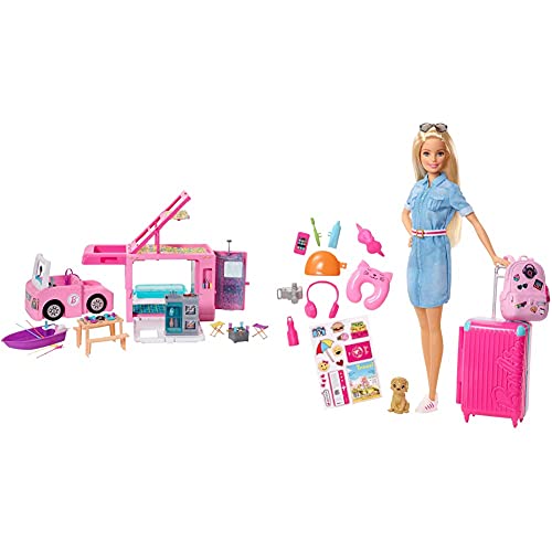 Barbie Caravana para Acampar 3 En 1 De con Piscina, Camioneta, Barca Y 50 Accesorios + Vamos De Viaje, Muñeca con Accesorios, Edad Recomendada: 3 Años Y Mas (Mattel Fwv25)