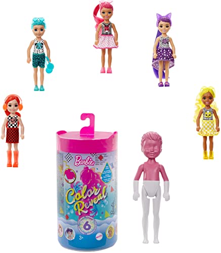 Barbie Chelsea Color Reveal, muñeca sorpresa color monocromático con accesorios de moda sorpresa (Mattel GTT24)