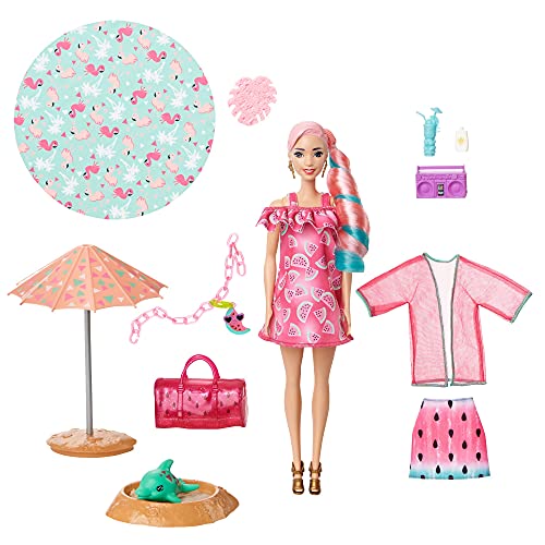 Barbie Color Reveal con espuma Sandía, muñeca sorpresa con vestido y accesorios de moda de verano de juguete (Mattel GTN19)