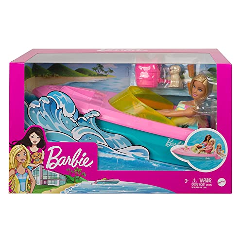 Barbie con Barco, Muñeca con bañador y barco de juguete para el agua, con mascota y accesorios acuáticos (Mattel GRG30)