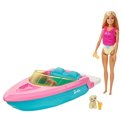 Barbie con Barco, Muñeca con bañador y barco de juguete para el agua, con mascota y accesorios acuáticos (Mattel GRG30)