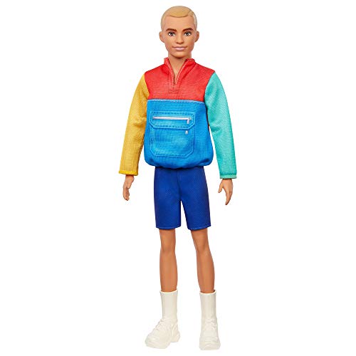 Barbie Ken Fashionista Muñeco rubio con chaqueta y shorts, moda color block (Mattel GRB88)