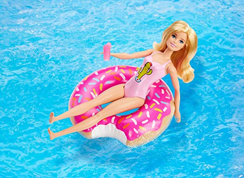 Barbie Muñeca Rubia con Flotador de Piscina en Forma de Donut Rosada y Bañador Rosado (Mattel GHT20)