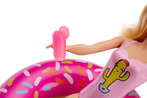 Barbie Muñeca Rubia con Flotador de Piscina en Forma de Donut Rosada y Bañador Rosado (Mattel GHT20)