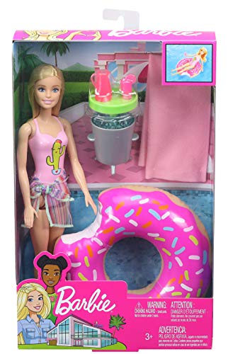 Barbie Muñeca Rubia con Flotador de Piscina en Forma de Donut Rosada y Bañador Rosado (Mattel GHT20)