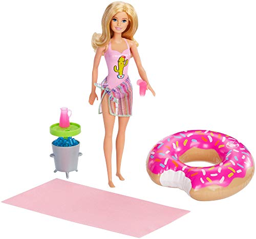 Barbie Muñeca Rubia con Flotador de Piscina en Forma de Donut Rosada y Bañador Rosado (Mattel GHT20)