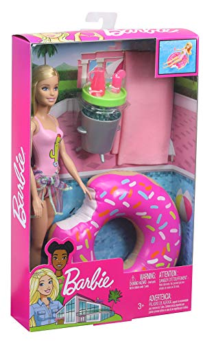 Barbie Muñeca Rubia con Flotador de Piscina en Forma de Donut Rosada y Bañador Rosado (Mattel GHT20)