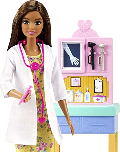 Barbie Pediatra Muñeca morena doctora con bebé, consulta médica de juguete y accesorios (Mattel GTN52)