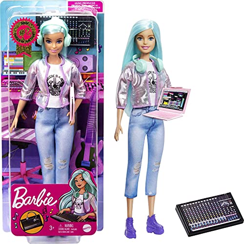 Barbie Productora musical, muñeca pelo azul con cascos y accesorios musicales de juguete, regalo para niñas y niños +3 años (Mattel GTN77)