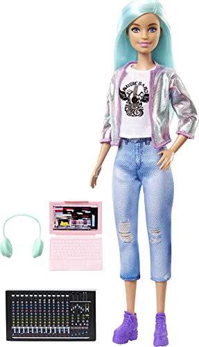 Barbie Productora musical, muñeca pelo azul con cascos y accesorios musicales de juguete, regalo para niñas y niños +3 años (Mattel GTN77)