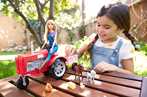 Barbie Quier Ser granjera, muñeca con accesorios, tractor y animales (Mattel FRM18)