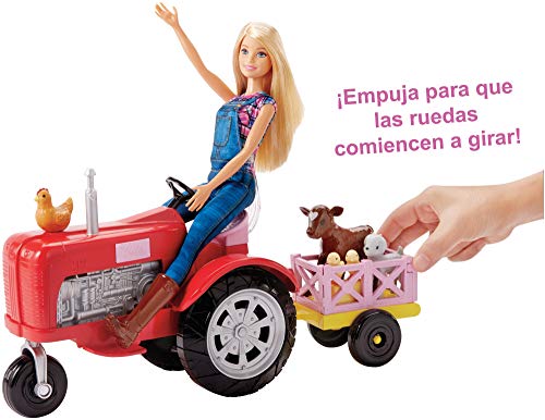 Barbie Quier Ser granjera, muñeca con accesorios, tractor y animales (Mattel FRM18)