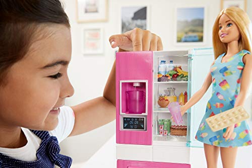 Barbie Refrigerador, accesorios para cocina con muñeca rubia  (Mattel GHL84)