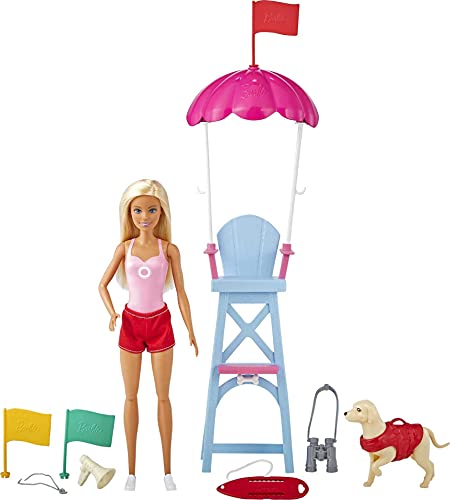 Barbie Socorrista Muñeca rubia con silla de vigilancia de playa de juguete, mascota y accesorios (Mattel GTX69)