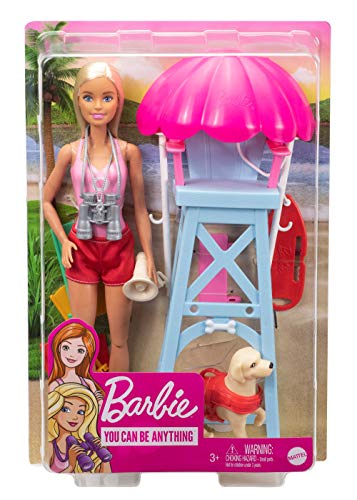 Barbie Socorrista Muñeca rubia con silla de vigilancia de playa de juguete, mascota y accesorios (Mattel GTX69)