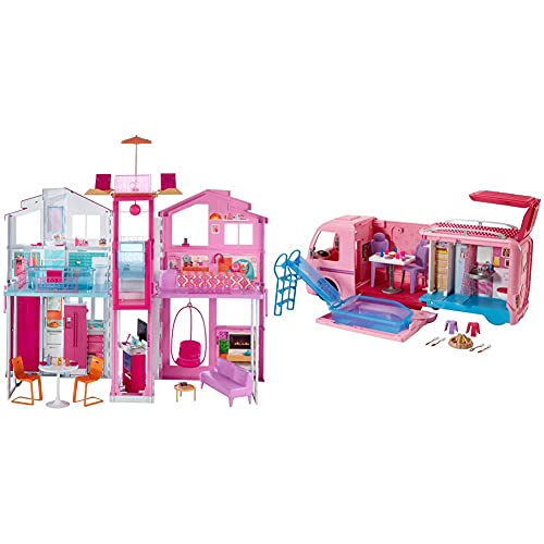 Barbie - Supercasa - casa muñecas, Regalo para niñas y niños 3-9 años (Mattel DLY32) + Supercaravana de Barbie - Autocaravana barbie - (Mattel FBR34)