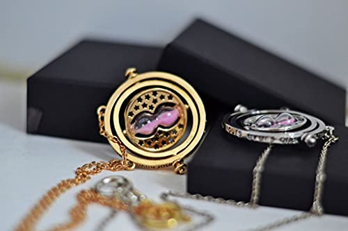 Bauqoo Collar Giratempo Hermione en estuche negro Inspirado Saga Harry Potter Gadget Accesorios de mujer hombre niña colgante color oro reloj arena rosa idea regalo niña Magia Fantasy Cosplay