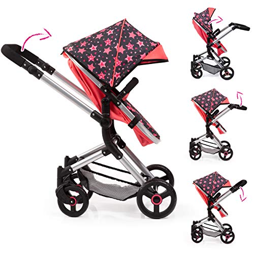 Bayer Design-18405AA Cochecito de muñecas Neo Vario con Bolso Cambiador, Convertible, Plegable, Color Rojo, Negro con Estrellas y Corazones (18405AA)