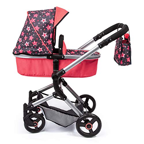 Bayer Design-18405AA Cochecito de muñecas Neo Vario con Bolso Cambiador, Convertible, Plegable, Color Rojo, Negro con Estrellas y Corazones (18405AA)