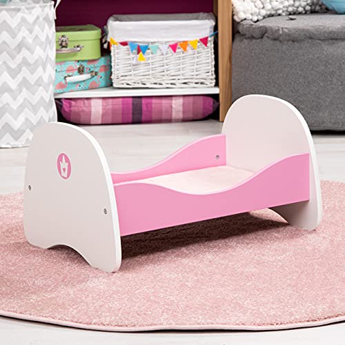 Bayer Design 54201AA Cama para muñecas de Madera, con Juego de sábanas, Almohada y Manta, Rosa, blaco, Corona, Color Blanco (54201)