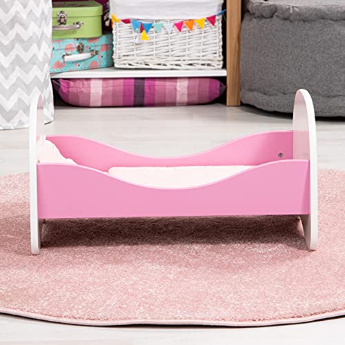 Bayer Design 54201AA Cama para muñecas de Madera, con Juego de sábanas, Almohada y Manta, Rosa, blaco, Corona, Color Blanco (54201)