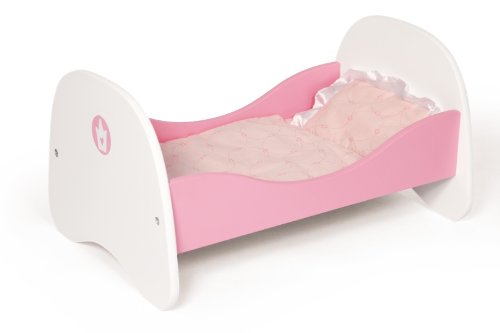 Bayer Design 54201AA Cama para muñecas de Madera, con Juego de sábanas, Almohada y Manta, Rosa, blaco, Corona, Color Blanco (54201)