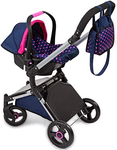 Bayer Design- Cochecito, Chasis de Carrito para muñecos City Cruiser con Silla de Coche, Bolso Cambiador, Convertible, Plegable, Ajustable en Altura, Color Azul con Unicornio y Corazones (18254AA)