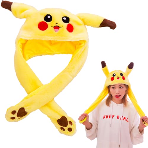 BAYINBROOK Sombrero de conejo con orejas en movimiento Sombrero de salto Divertido gorro de felpa de conejito para mujeres y niñas, Cosplay Fiesta de Navidad Sombrero de vacaciones (Pikachu amarillo)