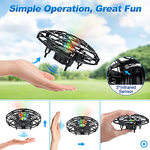 Baztoy UFO Mini Drone, RC Helicopteros Teledirigidos & Control de Mano de 360° Rotación con Luces LED, Juguete Volador Mini Dron Juguete para Niños 3 4 5 6 7 8 9 10 11 Años Regalos Cumpleaños(Plata)