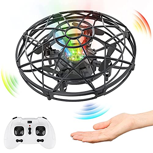 Baztoy UFO Mini Drone, RC Helicopteros Teledirigidos & Control de Mano de 360° Rotación con Luces LED, Juguete Volador Mini Dron Juguete para Niños 3 4 5 6 7 8 9 10 11 Años Regalos Cumpleaños(Plata)