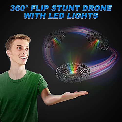 Baztoy UFO Mini Drone, RC Helicopteros Teledirigidos & Control de Mano de 360° Rotación con Luces LED, Juguete Volador Mini Dron Juguete para Niños 3 4 5 6 7 8 9 10 11 Años Regalos Cumpleaños(Plata)