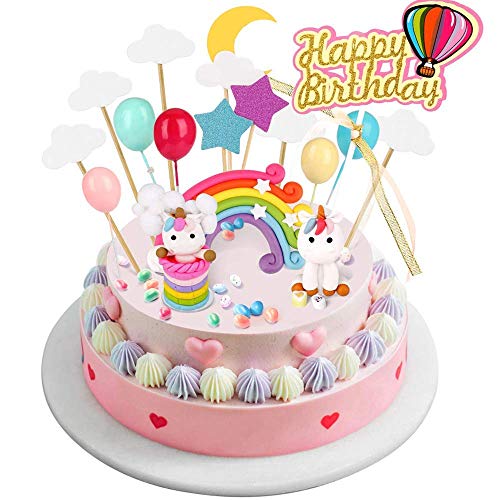 BBLIKE Decoracion Unicornio Cake con Cloud Rainbow + Star Moon + Globos de Colores + Tarjeta de Feliz Cumpleaños Kit de Decoracion Tartas Cumpleaños para Niños Fiesta de Boda