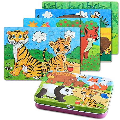 BBLIKE Jigsaw Wooden Puzzles Toy in a Box for Kids, Pack of 4 with Varying Degree of Difficulty Educational Learning Tool Best Birthday Present for Boys Girls (Animal)