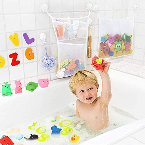 BBLIKE Juguetes para el Baño- Letras y Números, 2 Piezas Red de Baño Almacenamiento Bolsa de Juguete con 36 Piezas de Letras y números+ 6 Piezas Ganchos Adhesivos+ 8 Juguete de Sonido