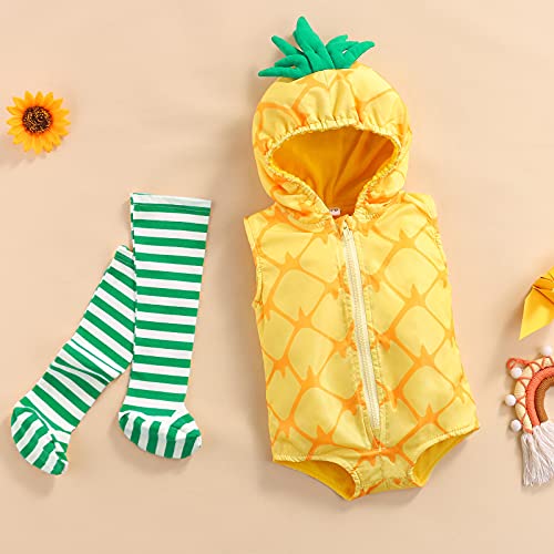 Beauace Disfraz Infantil Unisex con Capucha en Forma de piña Espectáculo teatral con Cremallera + Calcetines a Rayas Disfraz de Halloween 0-24 Meses (Amarillo, 18-24 Meses)