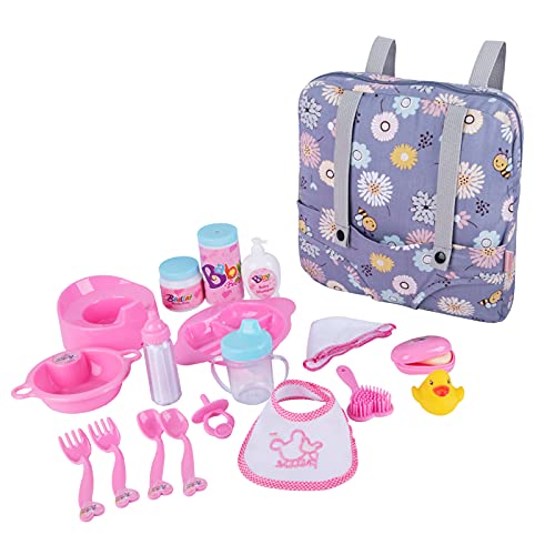 Bebamour - Mochila portadora de muñecas con 20 Accesorios para muñecas, alimentación de muñecas para bebés, Juego de Juguetes de baño para niños y niñas, Juego de rol