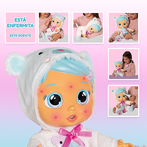 Bebés Llorones Kristal está malita + portabebé - Pack de 1 muñeca interactiva que llora y se pone enferma y 1 portabebé