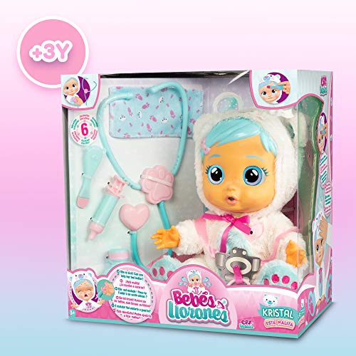 Bebés Llorones Kristal está malita + portabebé - Pack de 1 muñeca interactiva que llora y se pone enferma y 1 portabebé