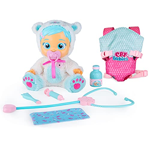 Bebés Llorones Kristal está malita + portabebé - Pack de 1 muñeca interactiva que llora y se pone enferma y 1 portabebé