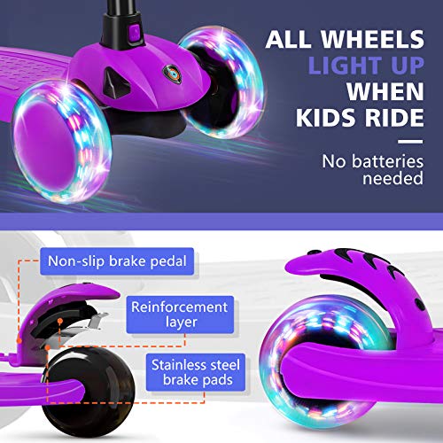 BELEEV Patinete Niño Patinete Plegable con 4 Alturas Ajustable, 3 LED luz Ruedas Patinetes para Niños, Patinete niña Scooter para de 3 a 8 Años(Morado)