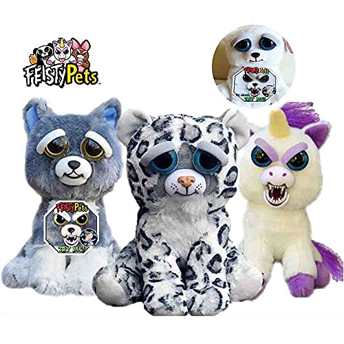 BESTWALED Feisty Pets(Snow Leopard,Unicorn) Cambio De Cara Felpa Juguete Muñeca De Peluche Corta Muñecas para Niñas Juguetes De Niños Botón De Control Cambiará De Cara, Snow