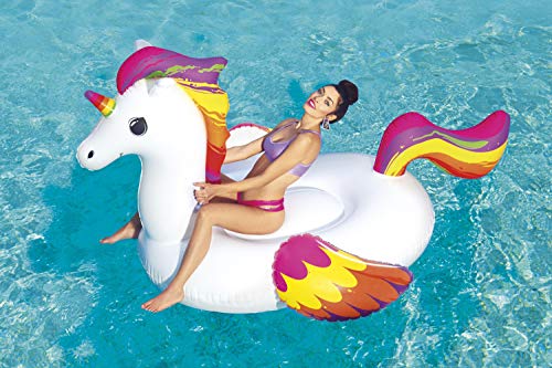 BESTWAY 41113 - Unicornio de Fantasía Hinchable 224x164 cm Para 1 Adulto Con Asas de Agarre Laterales Blanco con detalles Arcoíris Válvulas de Seguridad y Parche de Reparación