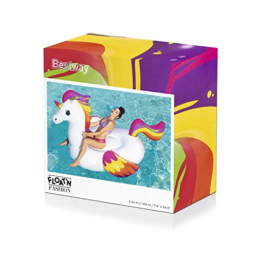 BESTWAY 41113 - Unicornio de Fantasía Hinchable 224x164 cm Para 1 Adulto Con Asas de Agarre Laterales Blanco con detalles Arcoíris Válvulas de Seguridad y Parche de Reparación