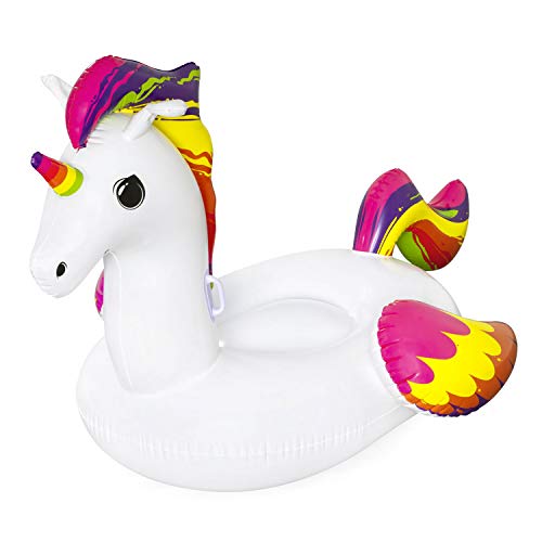 BESTWAY 41113 - Unicornio de Fantasía Hinchable 224x164 cm Para 1 Adulto Con Asas de Agarre Laterales Blanco con detalles Arcoíris Válvulas de Seguridad y Parche de Reparación