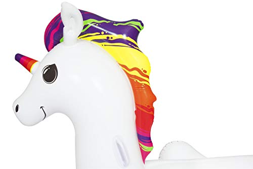 BESTWAY 41113 - Unicornio de Fantasía Hinchable 224x164 cm Para 1 Adulto Con Asas de Agarre Laterales Blanco con detalles Arcoíris Válvulas de Seguridad y Parche de Reparación