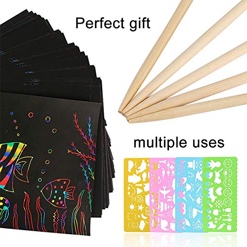 BESTZY Scratch Art, 50 Hojas Dibujo Scratch Láminas para Rascar Creativas Papel para Dibujar, Manualidades, Escribir Listas, Incluye 4 Plantillas de Plantillas de Dibujo y 5 lápices de Madera