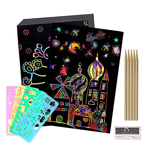 BESTZY Scratch Art, 50 Hojas Dibujo Scratch Láminas para Rascar Creativas Papel para Dibujar, Manualidades, Escribir Listas, Incluye 4 Plantillas de Plantillas de Dibujo y 5 lápices de Madera