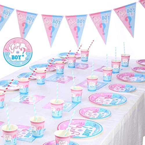 BETOY 42 Pcs Boy or Girl Party Supplies Tableware Set, Baby Gender Reveal Party Supplies, Platos, Tazas, Servilletas, Manteles, con Capacidad para 8 Personas